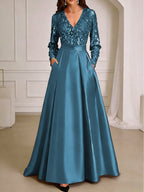 A-Line/Princess V-Neck Pleated Satin Ankle-Length Mother of the Bride Dresses with Sequins (SHI22500082)