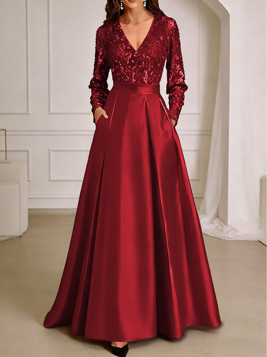 A-Line/Princess V-Neck Pleated Satin Ankle-Length Mother of the Bride Dresses with Sequins (SHI22500082)