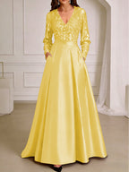 A-Line/Princess V-Neck Pleated Satin Ankle-Length Mother of the Bride Dresses with Sequins (SHI22500082)