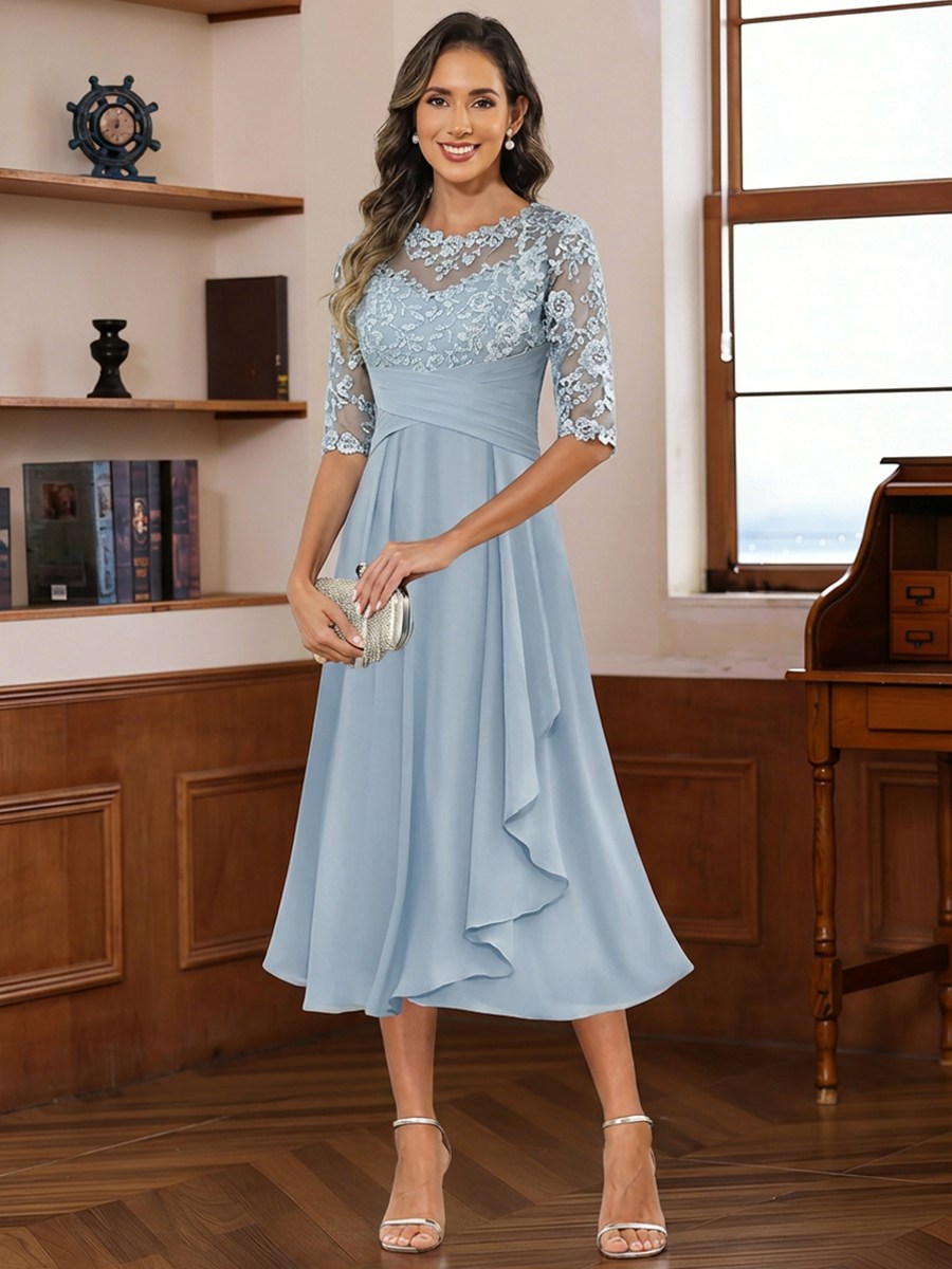 A-Line/Princess Scoop Illusion Lace Appliques Tea-Length Mother of the Bride Dresses with Pleated Ruffle (SHI22500105)