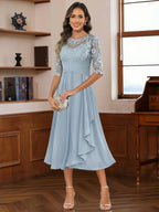 A-Line/Princess Scoop Illusion Lace Appliques Tea-Length Mother of the Bride Dresses with Pleated Ruffle (SHI22500105)