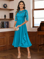 A-Line/Princess Scoop Illusion Lace Appliques Tea-Length Mother of the Bride Dresses with Pleated Ruffle (SHI22500105)