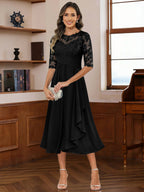 A-Line/Princess Scoop Illusion Lace Appliques Tea-Length Mother of the Bride Dresses with Pleated Ruffle (SHI22500105)