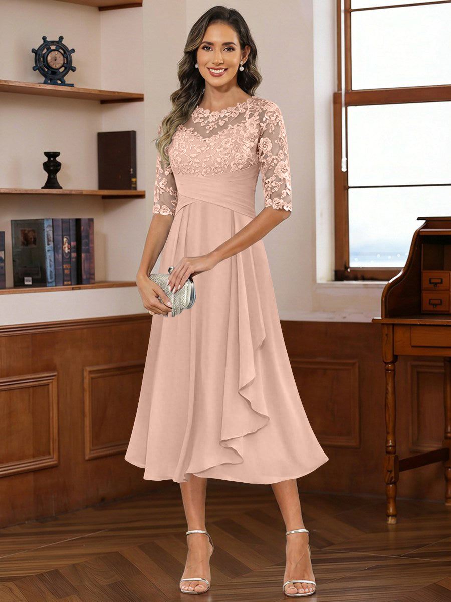A-Line/Princess Scoop Illusion Lace Appliques Tea-Length Mother of the Bride Dresses with Pleated Ruffle (SHI22500105)
