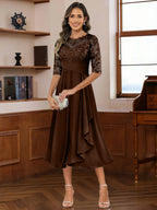 A-Line/Princess Scoop Illusion Lace Appliques Tea-Length Mother of the Bride Dresses with Pleated Ruffle (SHI22500105)