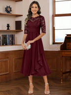 A-Line/Princess Scoop Illusion Lace Appliques Tea-Length Mother of the Bride Dresses with Pleated Ruffle (SHI22500105)