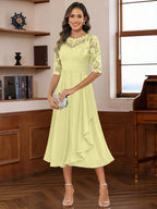 A-Line/Princess Scoop Illusion Lace Appliques Tea-Length Mother of the Bride Dresses with Pleated Ruffle (SHI22500105)
