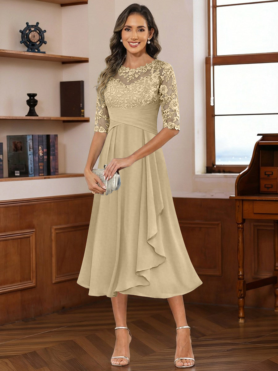 A-Line/Princess Scoop Illusion Lace Appliques Tea-Length Mother of the Bride Dresses with Pleated Ruffle (SHI22500105)