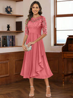 A-Line/Princess Scoop Illusion Lace Appliques Tea-Length Mother of the Bride Dresses with Pleated Ruffle (SHI22500105)