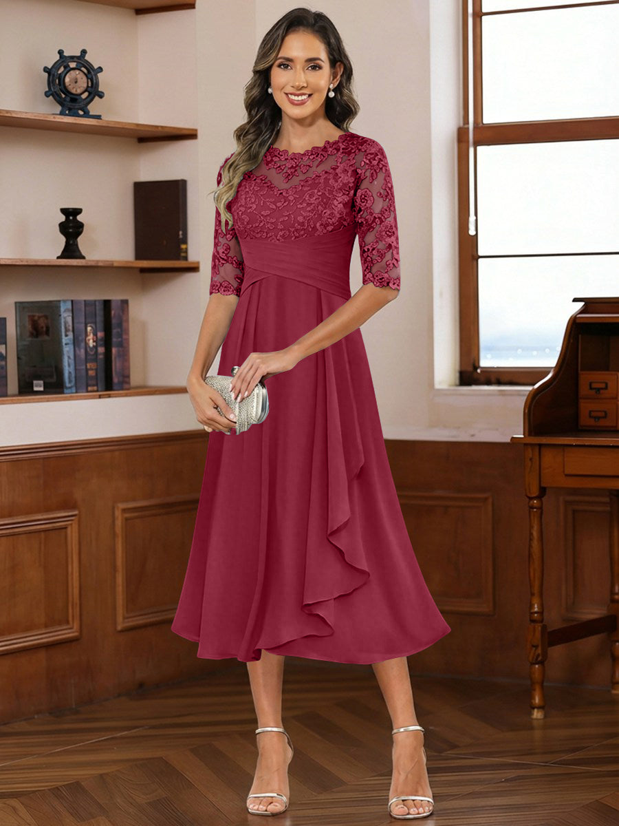 A-Line/Princess Scoop Illusion Lace Appliques Tea-Length Mother of the Bride Dresses with Pleated Ruffle (SHI22500105)