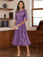 A-Line/Princess Scoop Illusion Lace Appliques Tea-Length Mother of the Bride Dresses with Pleated Ruffle (SHI22500105)