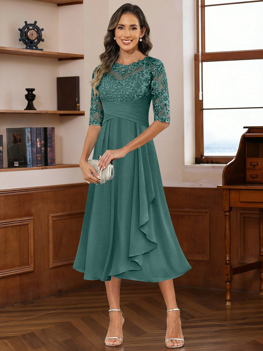 A-Line/Princess Scoop Illusion Lace Appliques Tea-Length Mother of the Bride Dresses with Pleated Ruffle (SHI22500105)
