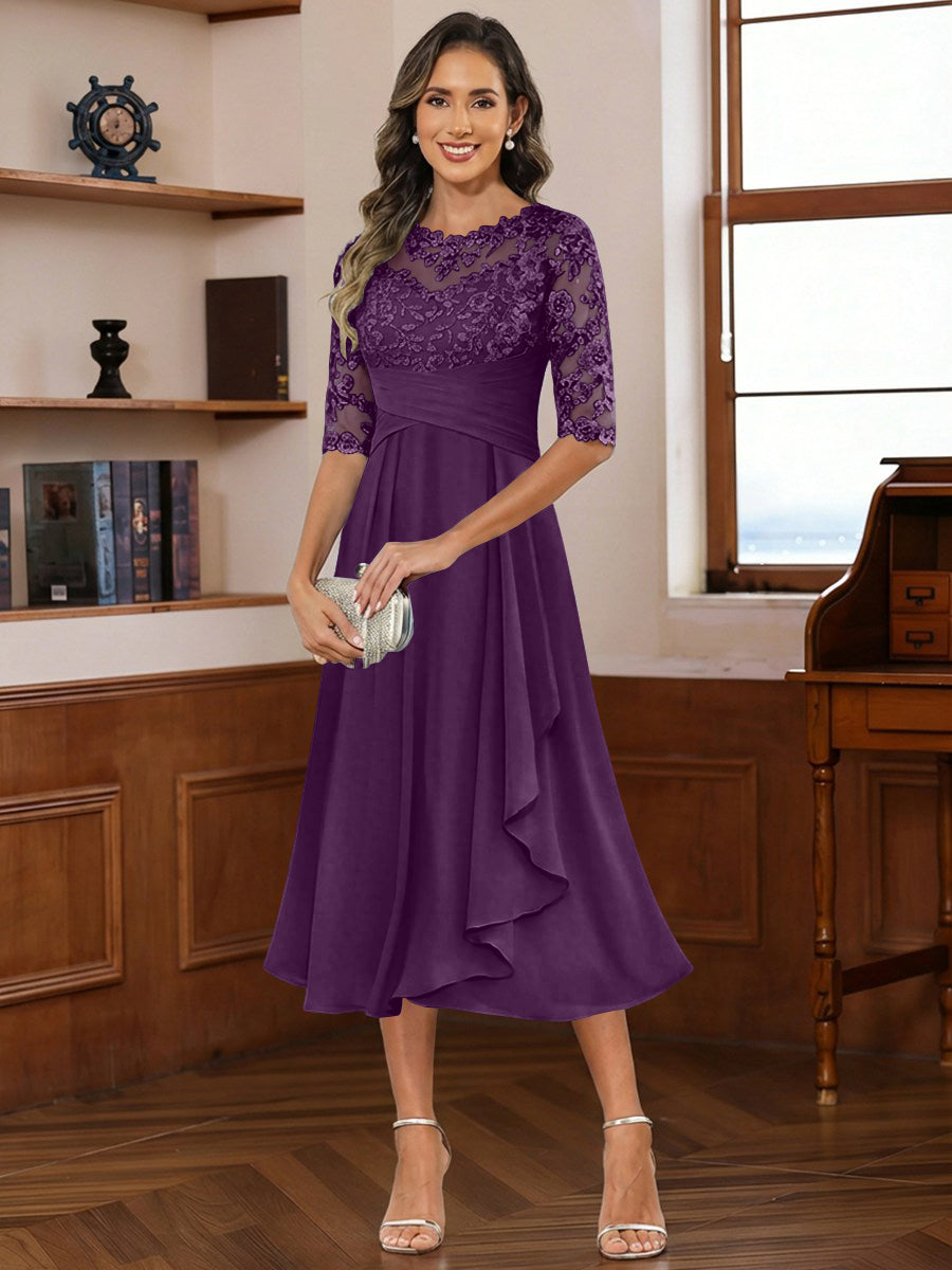 A-Line/Princess Scoop Illusion Lace Appliques Tea-Length Mother of the Bride Dresses with Pleated Ruffle (SHI22500105)
