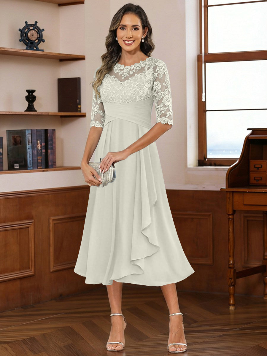 A-Line/Princess Scoop Illusion Lace Appliques Tea-Length Mother of the Bride Dresses with Pleated Ruffle (SHI22500105)