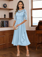 A-Line/Princess Scoop Illusion Lace Appliques Tea-Length Mother of the Bride Dresses with Pleated Ruffle (SHI22500105)