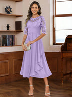 A-Line/Princess Scoop Illusion Lace Appliques Tea-Length Mother of the Bride Dresses with Pleated Ruffle (SHI22500105)