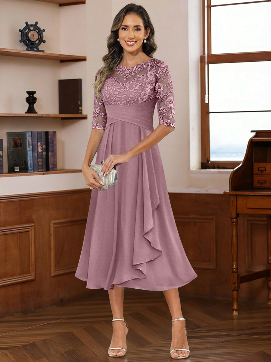 A-Line/Princess Scoop Illusion Lace Appliques Tea-Length Mother of the Bride Dresses with Pleated Ruffle (SHI22500105)
