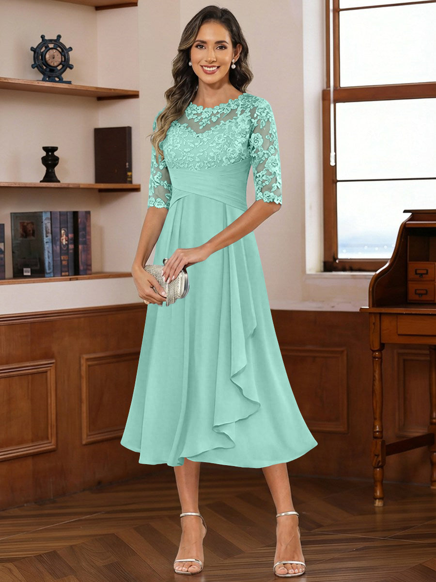 A-Line/Princess Scoop Illusion Lace Appliques Tea-Length Mother of the Bride Dresses with Pleated Ruffle (SHI22500105)