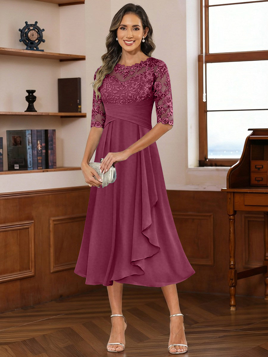 A-Line/Princess Scoop Illusion Lace Appliques Tea-Length Mother of the Bride Dresses with Pleated Ruffle (SHI22500105)
