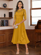 A-Line/Princess Scoop Illusion Lace Appliques Tea-Length Mother of the Bride Dresses with Pleated Ruffle (SHI22500105)
