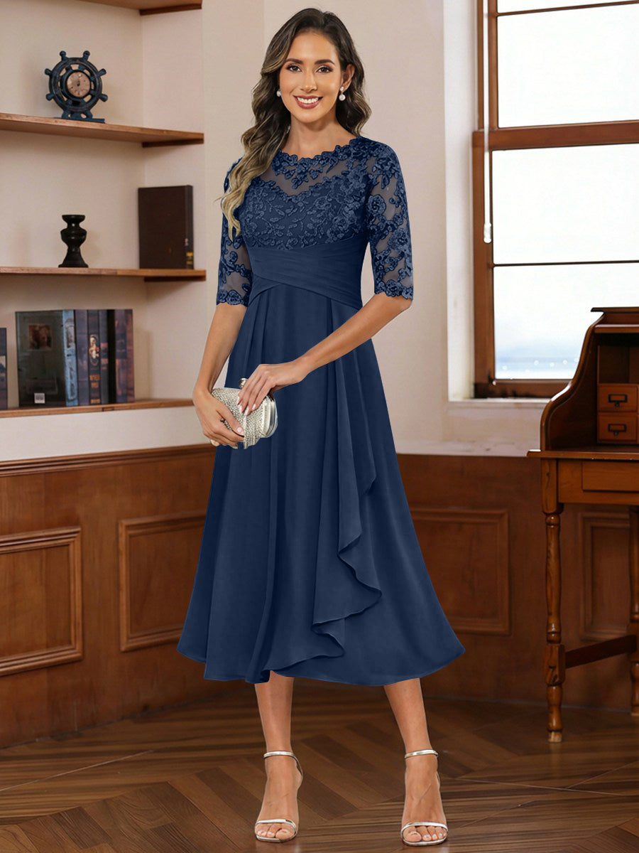 A-Line/Princess Scoop Illusion Lace Appliques Tea-Length Mother of the Bride Dresses with Pleated Ruffle (SHI22500105)