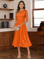 A-Line/Princess Scoop Illusion Lace Appliques Tea-Length Mother of the Bride Dresses with Pleated Ruffle (SHI22500105)