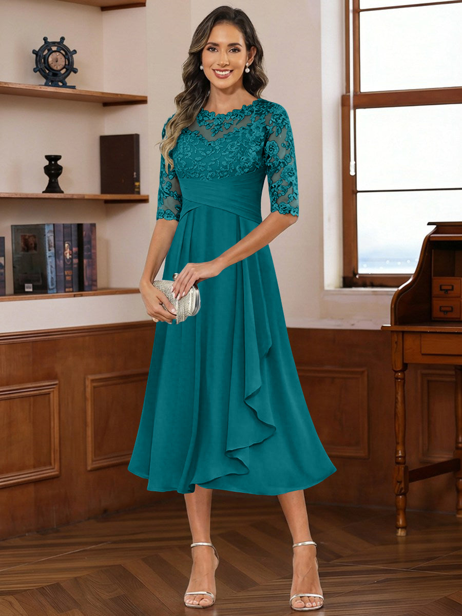 A-Line/Princess Scoop Illusion Lace Appliques Tea-Length Mother of the Bride Dresses with Pleated Ruffle (SHI22500105)