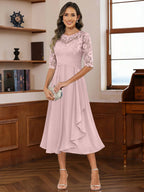 A-Line/Princess Scoop Illusion Lace Appliques Tea-Length Mother of the Bride Dresses with Pleated Ruffle (SHI22500105)
