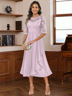 A-Line/Princess Scoop Illusion Lace Appliques Tea-Length Mother of the Bride Dresses with Pleated Ruffle (SHI22500105)