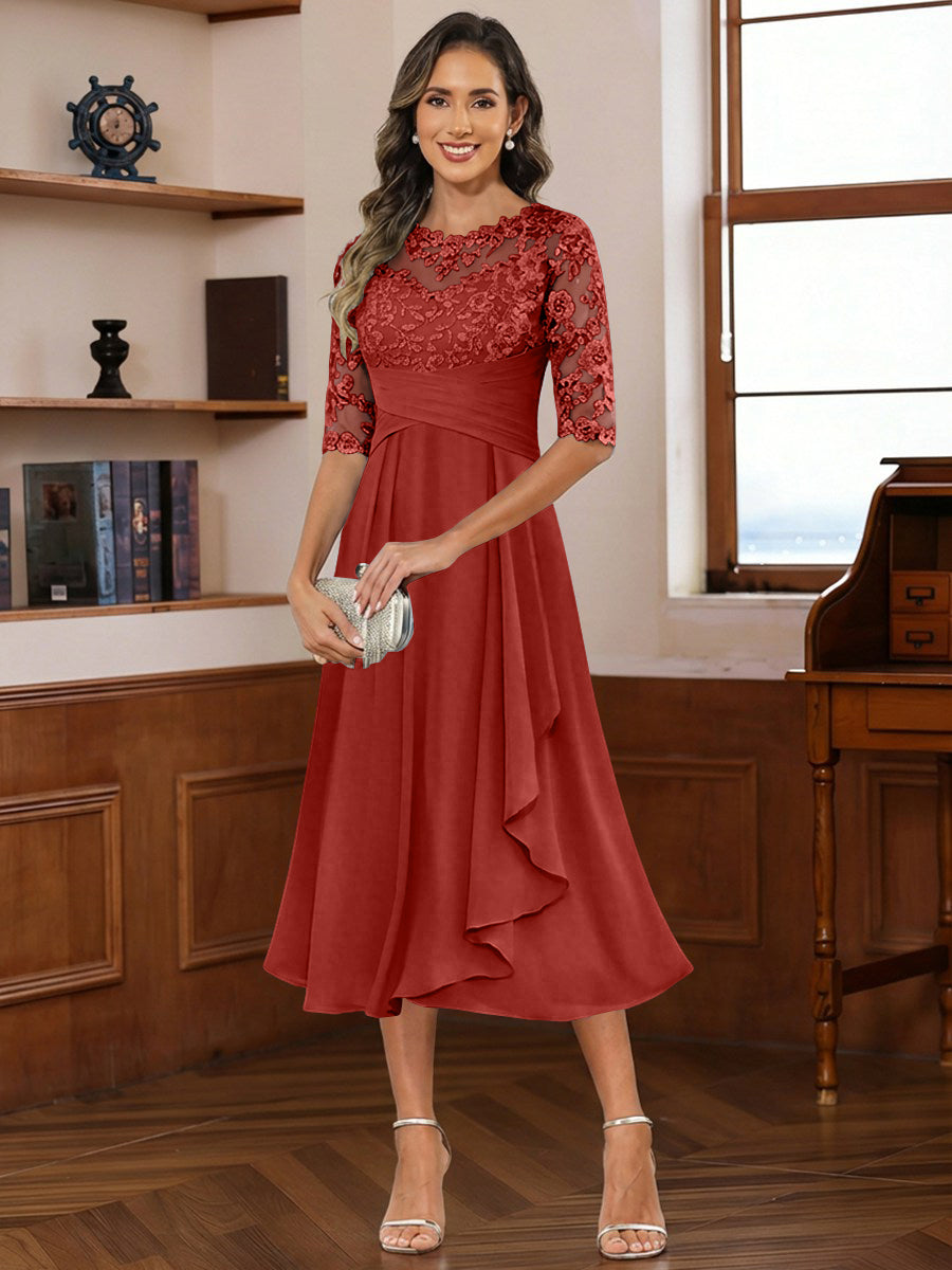 A-Line/Princess Scoop Illusion Lace Appliques Tea-Length Mother of the Bride Dresses with Pleated Ruffle (SHI22500105)