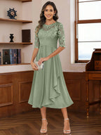 A-Line/Princess Scoop Illusion Lace Appliques Tea-Length Mother of the Bride Dresses with Pleated Ruffle (SHI22500105)