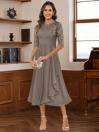 A-Line/Princess Scoop Illusion Lace Appliques Tea-Length Mother of the Bride Dresses with Pleated Ruffle (SHI22500105)