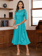 A-Line/Princess Scoop Illusion Lace Appliques Tea-Length Mother of the Bride Dresses with Pleated Ruffle (SHI22500105)