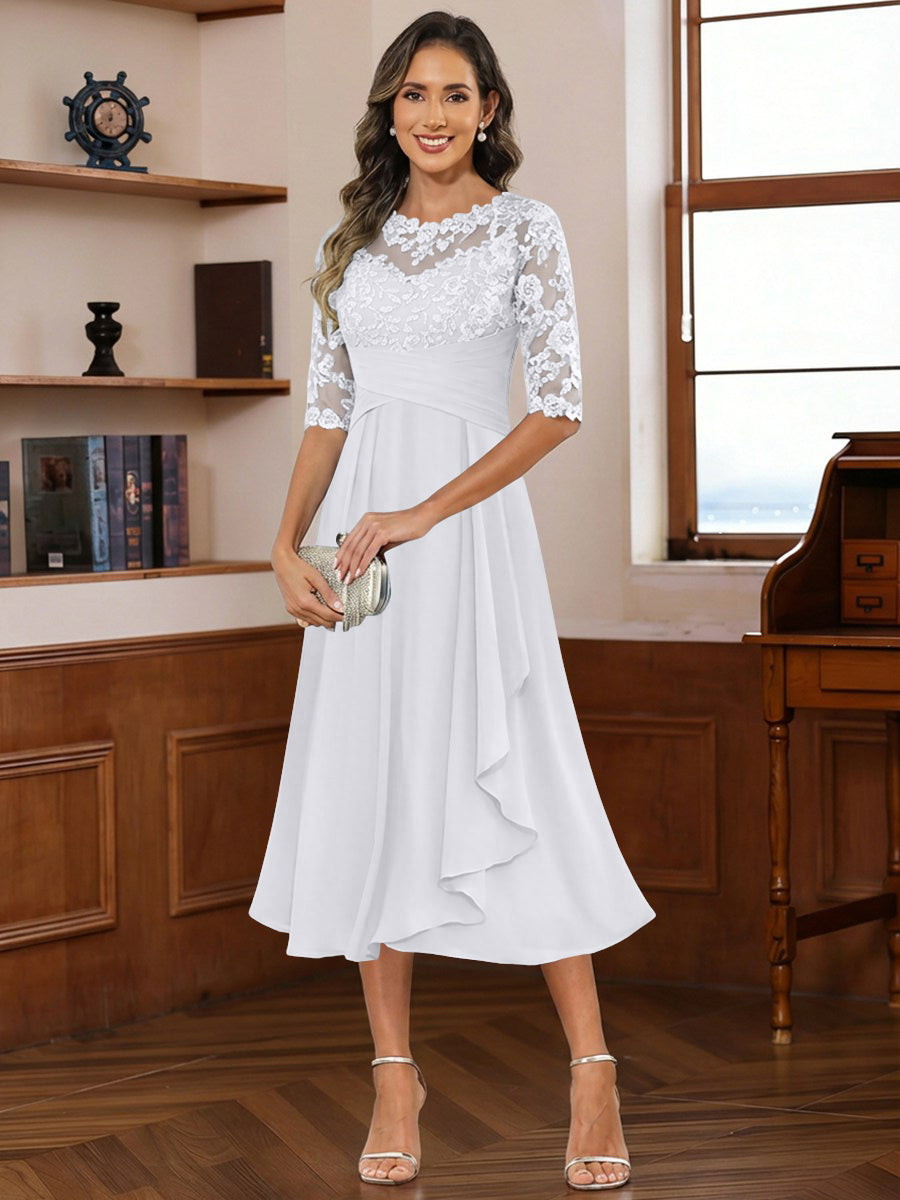 A-Line/Princess Scoop Illusion Lace Appliques Tea-Length Mother of the Bride Dresses with Pleated Ruffle (SHI22500105)