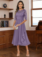 A-Line/Princess Scoop Illusion Lace Appliques Tea-Length Mother of the Bride Dresses with Pleated Ruffle (SHI22500105)