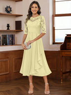 A-Line/Princess Scoop Illusion Lace Appliques Tea-Length Mother of the Bride Dresses with Pleated Ruffle (SHI22500105)