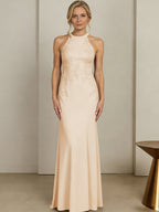 Sheath/Column Halter Scoop Neck Floor-Length Mother of the Bride Dresses with Lace Appliques (SHI22500106)