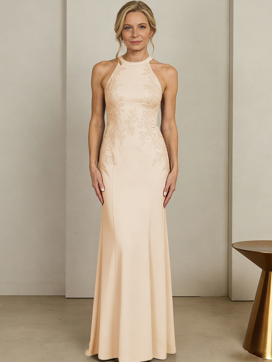 Sheath/Column Halter Scoop Neck Floor-Length Mother of the Bride Dresses with Lace Appliques (SHI22500106)