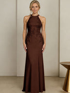 Sheath/Column Halter Scoop Neck Floor-Length Mother of the Bride Dresses with Lace Appliques (SHI22500106)