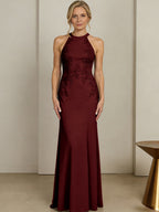 Sheath/Column Halter Scoop Neck Floor-Length Mother of the Bride Dresses with Lace Appliques (SHI22500106)