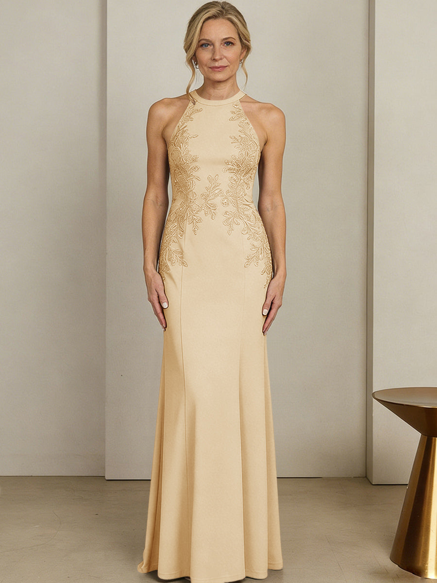 Sheath/Column Halter Scoop Neck Floor-Length Mother of the Bride Dresses with Lace Appliques (SHI22500106)