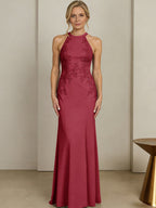 Sheath/Column Halter Scoop Neck Floor-Length Mother of the Bride Dresses with Lace Appliques (SHI22500106)