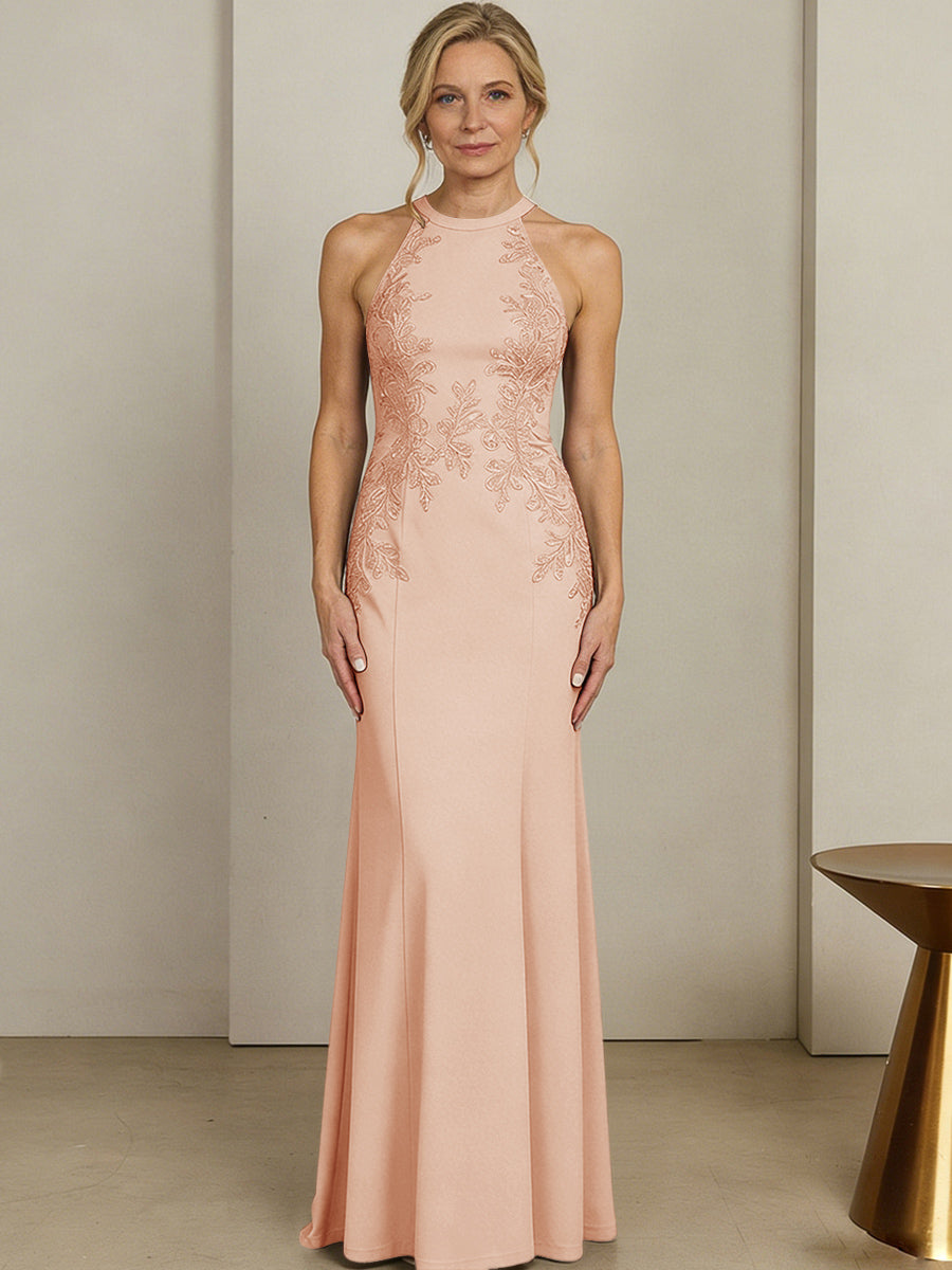Sheath/Column Halter Scoop Neck Floor-Length Mother of the Bride Dresses with Lace Appliques (SHI22500106)