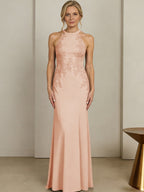 Sheath/Column Halter Scoop Neck Floor-Length Mother of the Bride Dresses with Lace Appliques (SHI22500106)