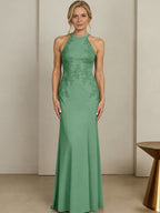 Sheath/Column Halter Scoop Neck Floor-Length Mother of the Bride Dresses with Lace Appliques (SHI22500106)