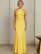 Sheath/Column Halter Scoop Neck Floor-Length Mother of the Bride Dresses with Lace Appliques (SHI22500106)