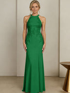 Sheath/Column Halter Scoop Neck Floor-Length Mother of the Bride Dresses with Lace Appliques (SHI22500106)