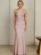 Sheath/Column Halter Scoop Neck Floor-Length Mother of the Bride Dresses with Lace Appliques (SHI22500106)
