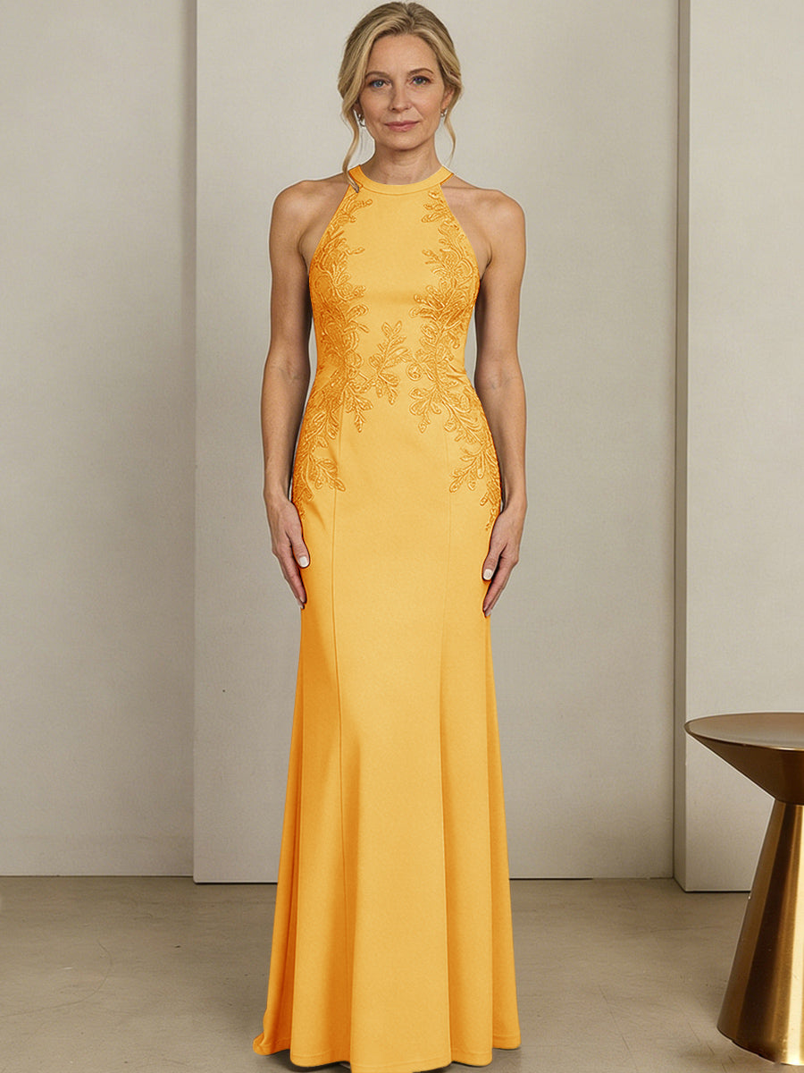 Sheath/Column Halter Scoop Neck Floor-Length Mother of the Bride Dresses with Lace Appliques (SHI22500106)