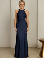 Sheath/Column Halter Scoop Neck Floor-Length Mother of the Bride Dresses with Lace Appliques (SHI22500106)